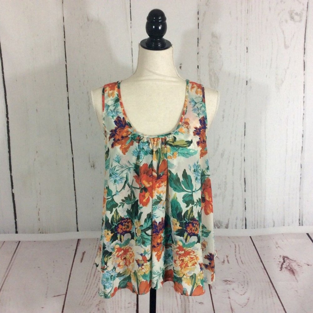 Meadow Rue Anthropologie Floral Split Back Tank Top Size MP Brunch Garden Party